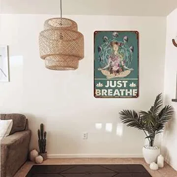 Retro Yoga Girl Tin Sign Wall Decor Just Breathe Yoga Funny Inspirational Quote Wall Art Vintage Yoga Girl Tin Sign For Home Living Room Dorm Gym Wall Decor Idea Gifts For Family Friends 8x12 Inch