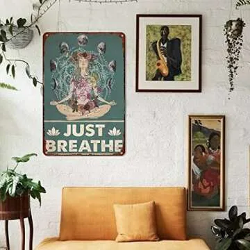 Retro Yoga Girl Tin Sign Wall Decor Just Breathe Yoga Funny Inspirational Quote Wall Art Vintage Yoga Girl Tin Sign For Home Living Room Dorm Gym Wall Decor Idea Gifts For Family Friends 8x12 Inch