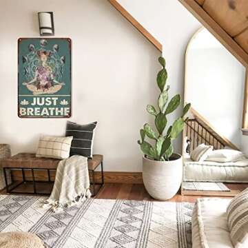 Retro Yoga Girl Tin Sign Wall Decor Just Breathe Yoga Funny Inspirational Quote Wall Art Vintage Yoga Girl Tin Sign For Home Living Room Dorm Gym Wall Decor Idea Gifts For Family Friends 8x12 Inch