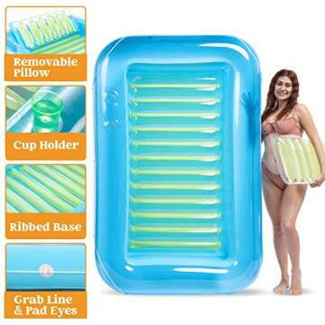 Sloosh Inflatable Tanning Pool Lounge Float, 70" x 46" Sun Tan Tub Adult Pool Floats Raft for Pool Sunbathing Suntan Blow up Pool Lounger Tanning Bed Floatie for Adults, L-Blue Green