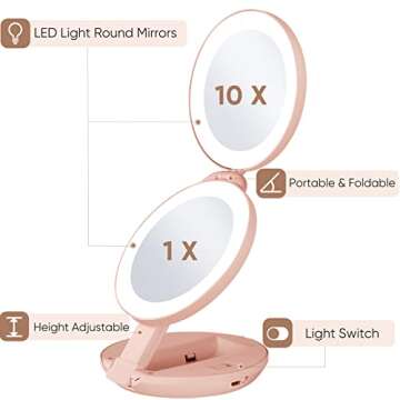 KEDSUM Upgraded Rechargeable Lighted Travel Makeup Mirror, 1X/10X Travel Magnifying Mirror with Light, Compact Makeup Mirror with LED Lighted, Double Sided Folding Mirror, Portable, Pink