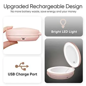 KEDSUM Upgraded Rechargeable Lighted Travel Makeup Mirror, 1X/10X Travel Magnifying Mirror with Light, Compact Makeup Mirror with LED Lighted, Double Sided Folding Mirror, Portable, Pink