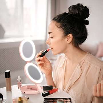 KEDSUM Upgraded Rechargeable Lighted Travel Makeup Mirror, 1X/10X Travel Magnifying Mirror with Light, Compact Makeup Mirror with LED Lighted, Double Sided Folding Mirror, Portable, Pink