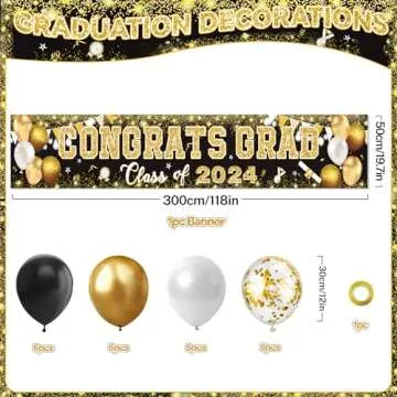 2024 Graduation Party Decorations - Black and Gold Banner with Balloons