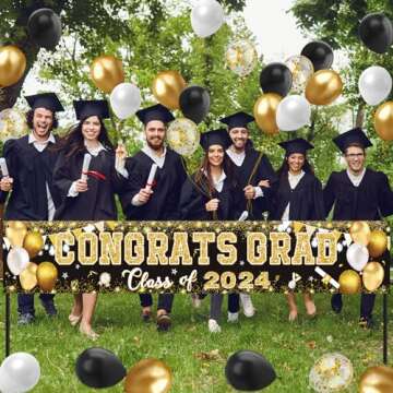 2024 Graduation Party Decorations, Black and Gold Graduation Yard Sign Congrats Grad Banner Class of 2024 with Balloons for 2024 High School College Graduation Party Decorations