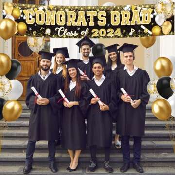 2024 Graduation Party Decorations, Black and Gold Graduation Yard Sign Congrats Grad Banner Class of 2024 with Balloons for 2024 High School College Graduation Party Decorations