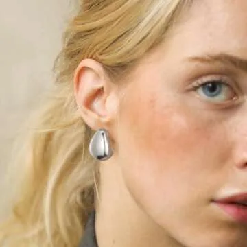 KissYan Gold Earrings for Women, 14K Gold Plated Chunky Dome Hoops Lightweight Teardrop Earrings Irregular Shape Hollow Open Hoops Fashion Jewelry Gifts(Style1-Silver)