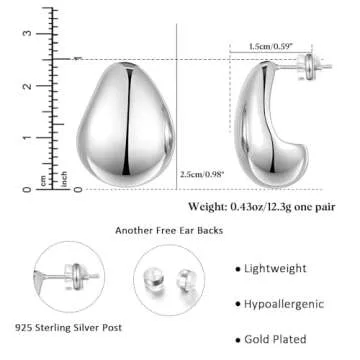 KissYan Gold Earrings for Women, 14K Gold Plated Chunky Dome Hoops Lightweight Teardrop Earrings Irregular Shape Hollow Open Hoops Fashion Jewelry Gifts(Style1-Silver)