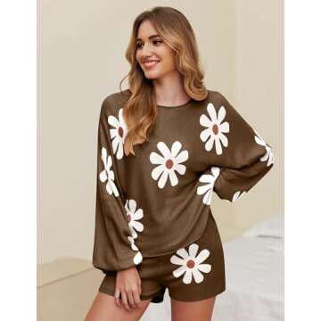 Ekouaer Knit Pajamas Set for Women Lounge Sets 2 Piece Long Sleeve Top and Shorts Pj Soft Sleepwear Cute Sweater Outfits Floral Brown XXL