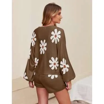 Ekouaer Knit Pajamas Set for Women Lounge Sets 2 Piece Long Sleeve Top and Shorts Pj Soft Sleepwear Cute Sweater Outfits Floral Brown XXL