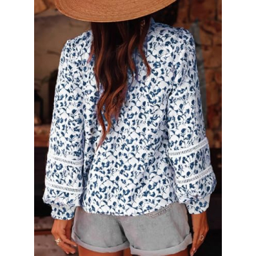 Astylish Womens Floral Printed Mock Neck Shirt Button Down Eyelet Blouse Tops Blue X-Large