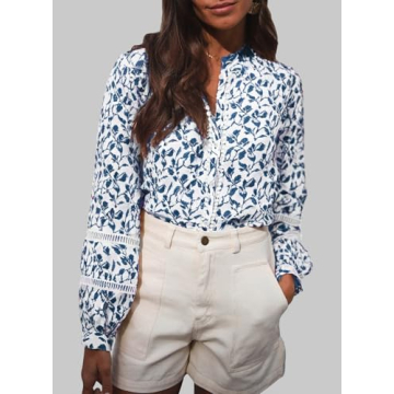 Astylish Womens Floral Printed Mock Neck Shirt Button Down Eyelet Blouse Tops Blue X-Large