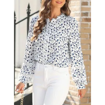 Astylish Womens Floral Printed Mock Neck Shirt Button Down Eyelet Blouse Tops Blue X-Large