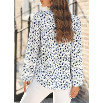 Astylish Womens Floral Printed Mock Neck Shirt Button Down Eyelet Blouse Tops Blue X-Large