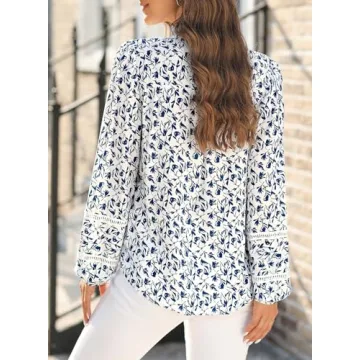 Astylish Womens Floral Printed Mock Neck Shirt Button Down Eyelet Blouse Tops Blue X-Large