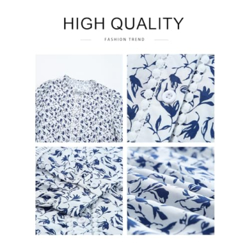 Astylish Womens Floral Printed Mock Neck Shirt Button Down Eyelet Blouse Tops Blue X-Large