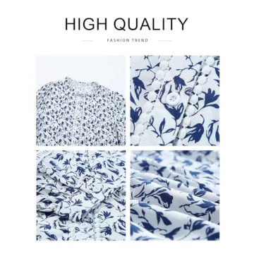 Astylish Womens Floral Printed Mock Neck Shirt Button Down Eyelet Blouse Tops Blue X-Large