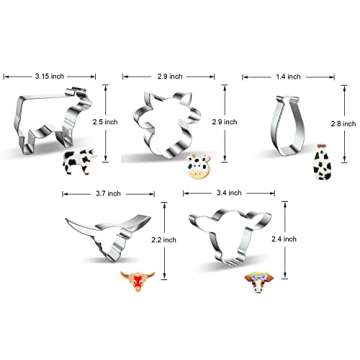 Cow Cookie Cutter Set - 5 Piece Stainless Steel Farm/Farmhouse Animal Cookie Cutters Shapes Milk Bot...