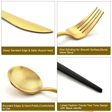 DEACORY Elegant Black and Gold 20-Piece Flatware Set