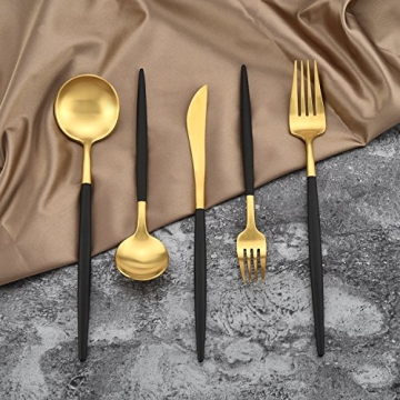 DEACORY Elegant Black and Gold 20-Piece Flatware Set