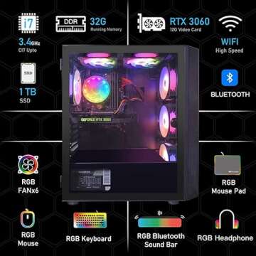 STGAubron Desktop PC, Intel Core i7 up to 3.9G, GeForce RTX 3060 12G GDDR6, 32G, 1TB SSD, WiFi, BT 5.0, RGB Fanx6, RGB Keybaord, RGB Mouse, Mouse Pad, RGB Bluetooth Sound Bar, RGB BT Gaming Mic W1