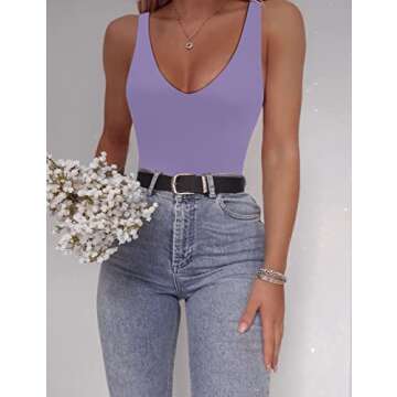 SAUNGKUAI Women’s Bodysuit Sexy Plunge Deep V Neck Backless Sleeveless Tank Thong Body Suits Outfits for Going Out Light Purple S