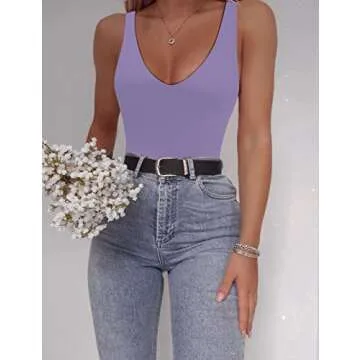 SAUNGKUAI Women’s Bodysuit Sexy Plunge Deep V Neck Backless Sleeveless Tank Thong Body Suits Outfits for Going Out Light Purple S