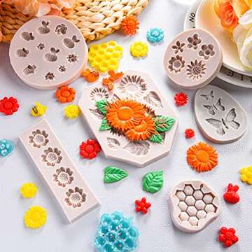 6 Pieces Silicone Chocolate Mold Sunflower 3D Embossed Silicone Mold Butterfly Honeycomb Silicone Fondant Bee Mold for DIY Topper Cake Decorating Sugar Cookies Polymer Clay Crafting Project