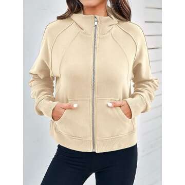 Fisoew Womens Zip Up Sweatshirts Fleece Lined Collar Crop Hoodie Casual Cotton Long Sleeve Tops with Thumb Hole