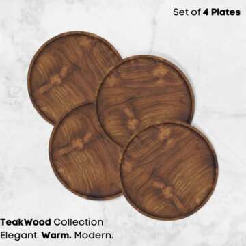 YUNIFF 9 Inch Plates, Teak Wood Appetizer and Dinner Plates, Lunch Plate, Teak Collection, Salad Plate, Dining Plates, Set of 4 (9 Inch Plate)