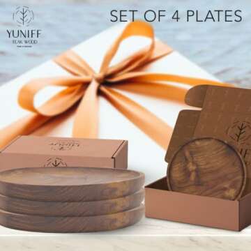 YUNIFF 9 Inch Plates, Teak Wood Appetizer and Dinner Plates, Lunch Plate, Teak Collection, Salad Plate, Dining Plates, Set of 4 (9 Inch Plate)