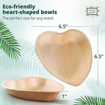 Chic Leaf Palm Leaf Bowls Disposable Bamboo Heart Shaped Bowls 6.5 Inch Heart Dish (50 Heart Bowls) - Compostable Heart Shaped Plates - Cute Plates For Catering, Charcuterie, Parties