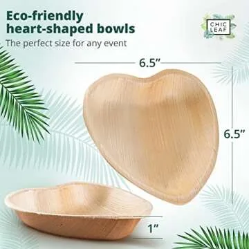Chic Leaf Palm Leaf Bowls Disposable Bamboo Heart Shaped Bowls 6.5 Inch Heart Dish (50 Heart Bowls) - Compostable Heart Shaped Plates - Cute Plates For Catering, Charcuterie, Parties