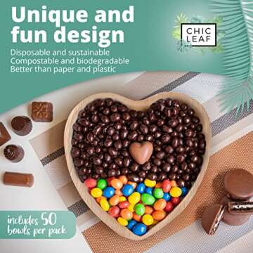 Chic Leaf Palm Leaf Bowls Disposable Bamboo Heart Shaped Bowls 6.5 Inch Heart Dish (50 Heart Bowls) - Compostable Heart Shaped Plates - Cute Plates For Catering, Charcuterie, Parties