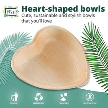 Chic Leaf Palm Leaf Bowls Disposable Bamboo Heart Shaped Bowls 6.5 Inch Heart Dish (50 Heart Bowls) - Compostable Heart Shaped Plates - Cute Plates For Catering, Charcuterie, Parties