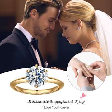 SMILEST Round Moissanite Solitaire Ring for Women, 2ct D Color VVS1 Clarity Brilliant Lab Created Rings 18K Yellow Gold Plated 925 Sterling Silver 6 Claw Moissanite Engagement Ring for Women
