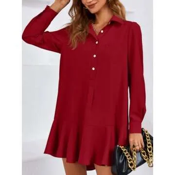 Fisoew Women Casual Button Down Long Sleeve Dress