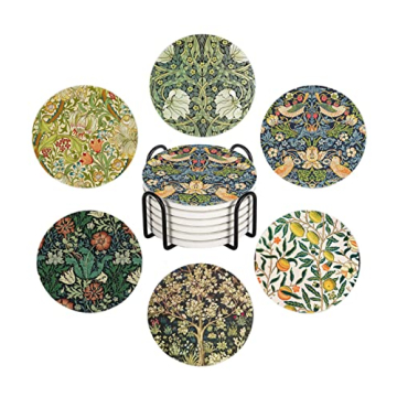 HUXJOKO Coasters for Drinks Set of 6, William Morris Floral Pattern Absorbent Ceramic Coaster, Round...