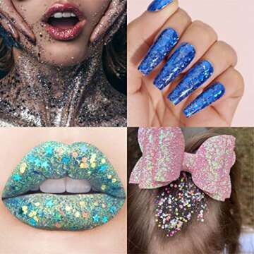 Holographic Chunky and Fine Glitter Mix, 45 Colors Festival Sequins & Glitter Powder, Iridescent Glitter Flakes, Cosmetic Face Body Eye Hair Nail Art Resin Tumbler Loose Glitter