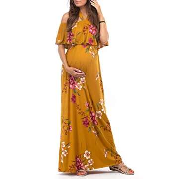 Mother Bee Maternity Open Shoulder Dress with Ruffles