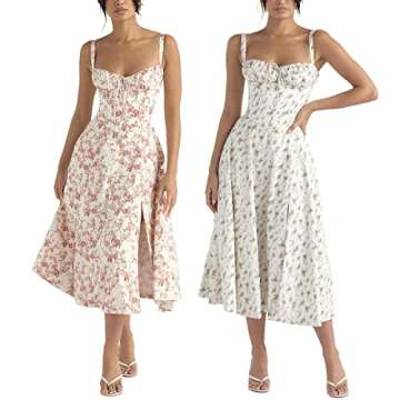 Women Floral Corset Dress, Boho Summer Spaghetti Straps Square Neck Casual Midi Dress Flowy Slit Bus...
