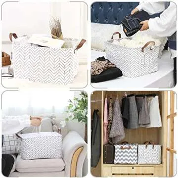 Sea Team Modern Arrowhead Pattern Canvas Fabric Storage Basket Collapsible Geometric Design Storage Bin with Drawstring Cover and PU Leather Handles, 16.5 by 11.8 inches, Waterproof Inner, Black