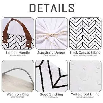 Sea Team Modern Arrowhead Pattern Canvas Fabric Storage Basket Collapsible Geometric Design Storage Bin with Drawstring Cover and PU Leather Handles, 16.5 by 11.8 inches, Waterproof Inner, Black