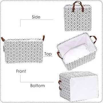 Sea Team Modern Arrowhead Pattern Canvas Fabric Storage Basket Collapsible Geometric Design Storage Bin with Drawstring Cover and PU Leather Handles, 16.5 by 11.8 inches, Waterproof Inner, Black