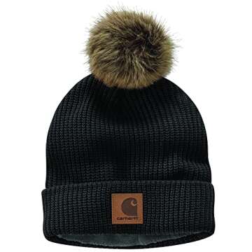 Carhartt Men’s Knit Fleece Lined Pom Beanie Hat - Cozy Black Knit Winter Warmth