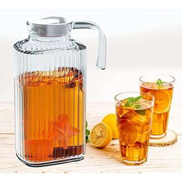 Fridge Pitcher Set of 2– 60 OZ. Glass Water Pitcher with Lid By Home Essentials & Beyond Practical and Easy to use Fridge Pitcher Great for Lemonade, Iced Tea, Milk, Cocktails and more Beverages.