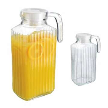 Fridge Pitcher Set of 2– 60 OZ. Glass Water Pitcher with Lid By Home Essentials & Beyond Practical and Easy to use Fridge Pitcher Great for Lemonade, Iced Tea, Milk, Cocktails and more Beverages.