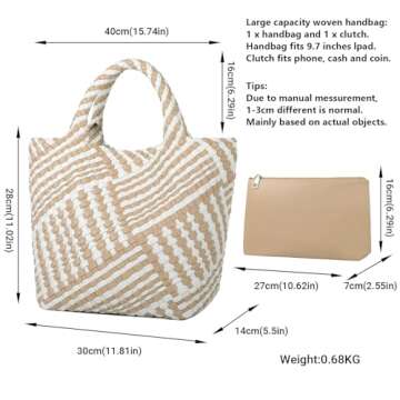 Woven Bag for Women, Vegan Leather Tote Bag Large Summer Beach Travel Handbag and Purse Retro Handmade Shoulder Bag (Striped Apricot & White)
