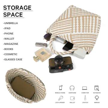 Woven Bag for Women, Vegan Leather Tote Bag Large Summer Beach Travel Handbag and Purse Retro Handmade Shoulder Bag (Striped Apricot & White)