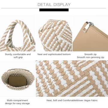 Woven Bag for Women, Vegan Leather Tote Bag Large Summer Beach Travel Handbag and Purse Retro Handmade Shoulder Bag (Striped Apricot & White)